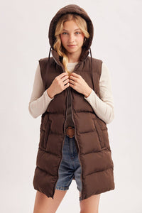 HOODED ZIPPER DOWN LONGLINE PUFFER VEST
