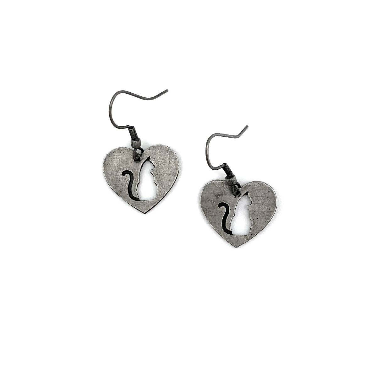 Pewter Earrings - Cat Silhouette in Heart