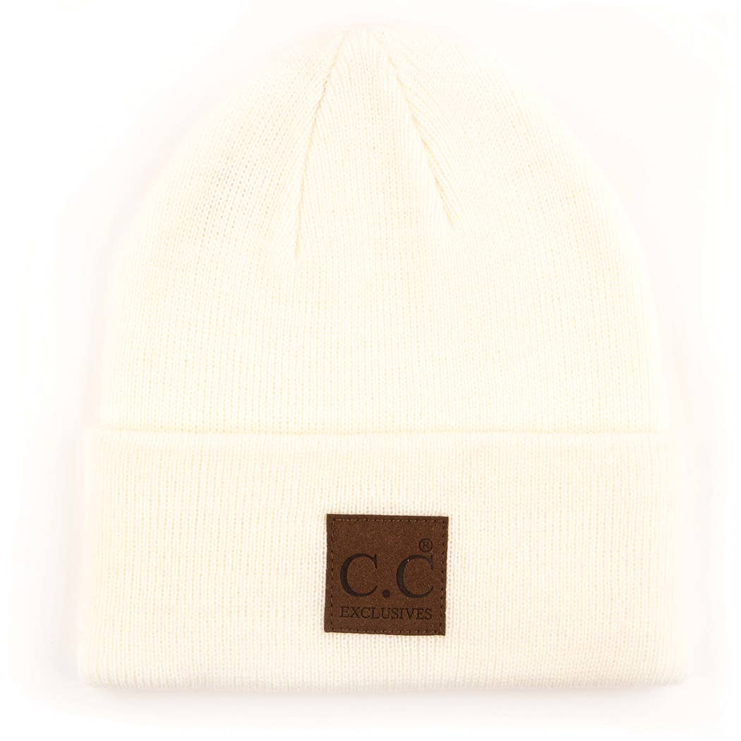 Classic Beanie Hat with Suede Logo Patch: IVORY