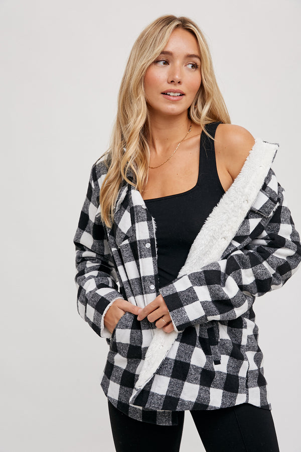 Buffalo Plaid Black and White flannel jacket with sherpa lining