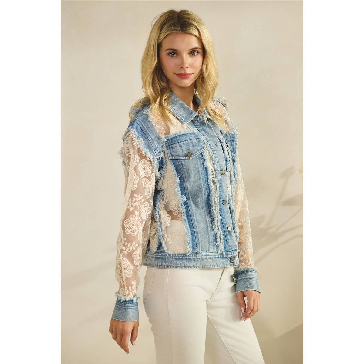 Denim Jacket with Floral Organza Inset: Med Wash