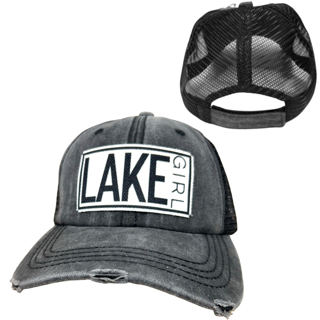 LAKE GIRL BALL CAP | UNISEX HAT | DISTRESSED: Black with Black Mesh