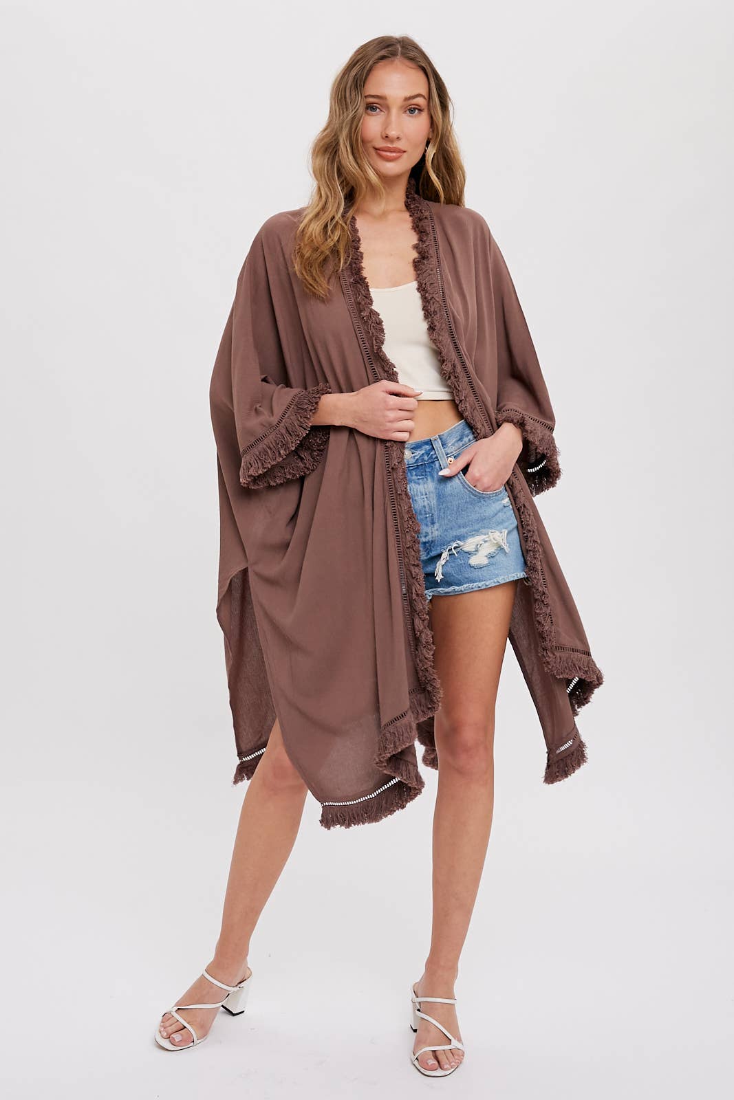 FRINGED KIMONO: MOCHA
