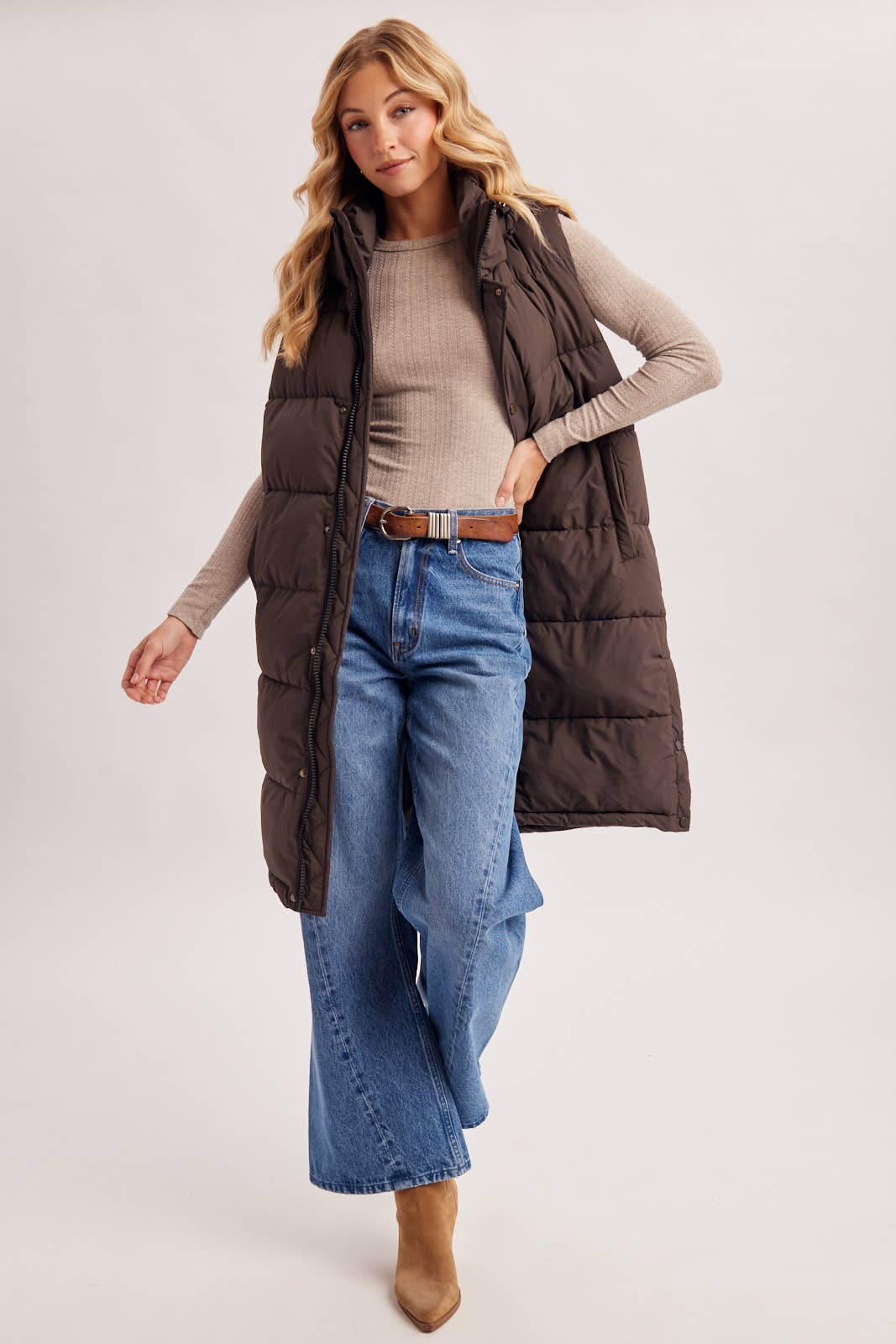 DETACHABLE HOOD ZIPPER LONGLINE QUILTED PUFFER VEST JACKET : ASH BROWN