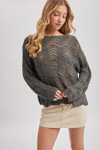 BOAT NECK SCALLOPED HEM OPEN KNIT SWEATER: ASH