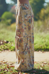 FLOWER PRINTED DENIM WAIST DROPPED POCKETS PANT: Yellow