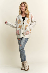 BUTTON DOWN FLORAL SWEATER CARDIGAN: Beige
