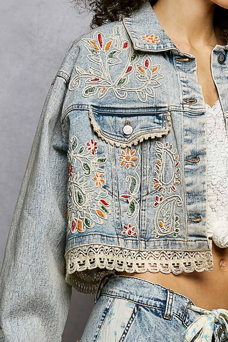 Floral Embroidery Lace Trim Denim Jacket: DENIM
