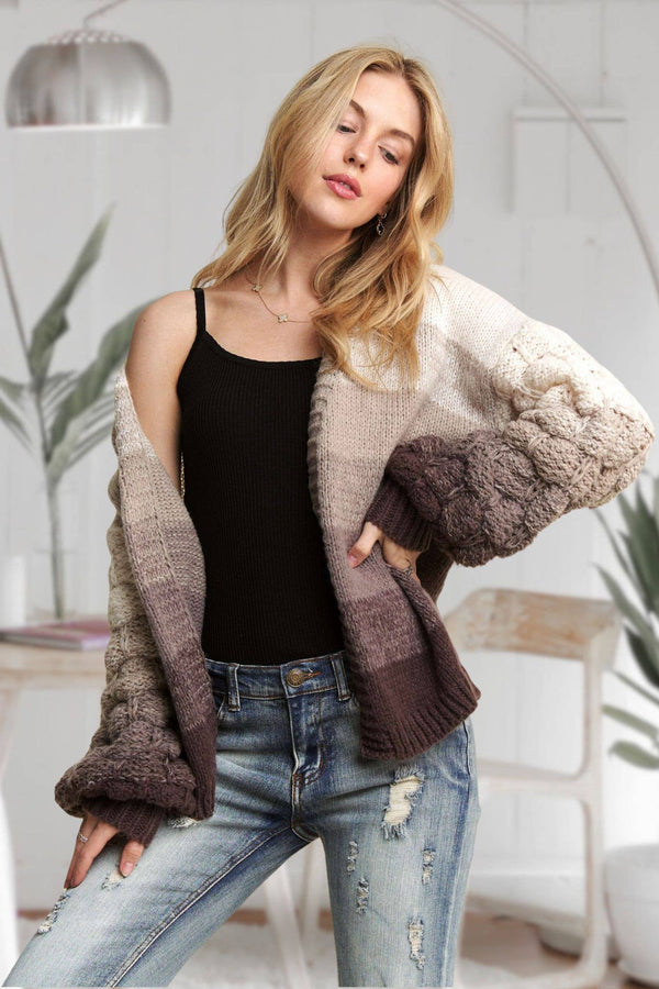 PUFF SLEEVES OMBRE SWEATER CARDIGAN: COFFEE