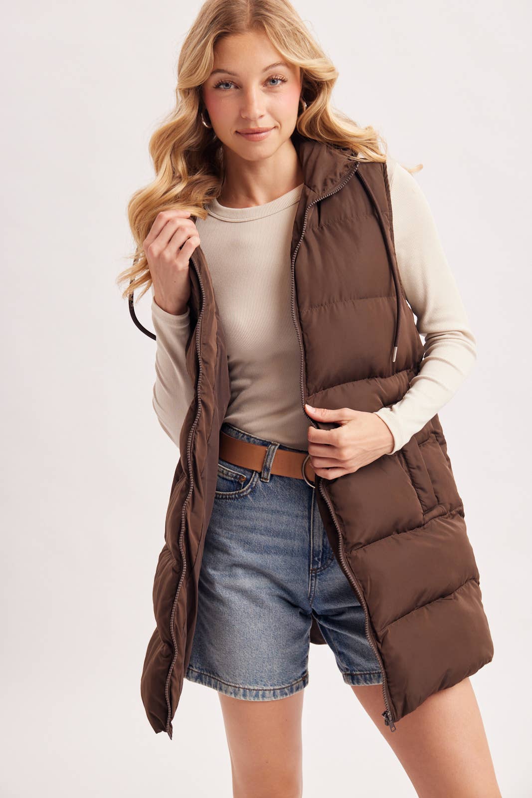 HOODED ZIPPER DOWN LONGLINE PUFFER VEST