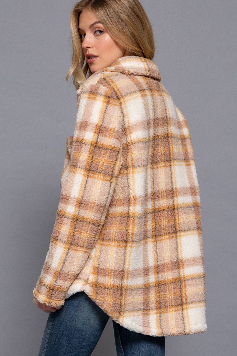 Long Sleeve Button Down Oversize Plaid Faux Fur Jacket
