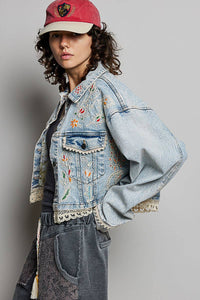 Floral Embroidery Lace Trim Denim Jacket: DENIM