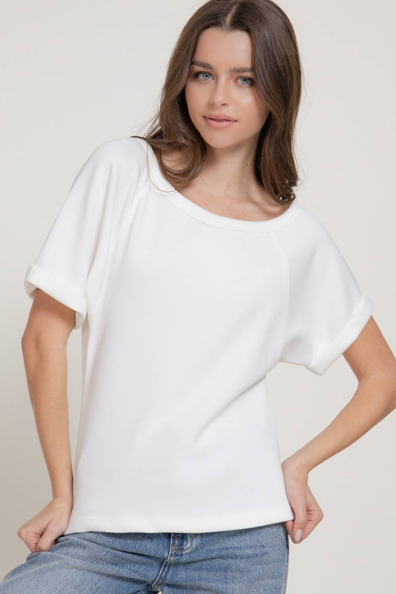 Elbow Sleeve Off The Shoulder Soft Modal Scuba  Blouse : off white