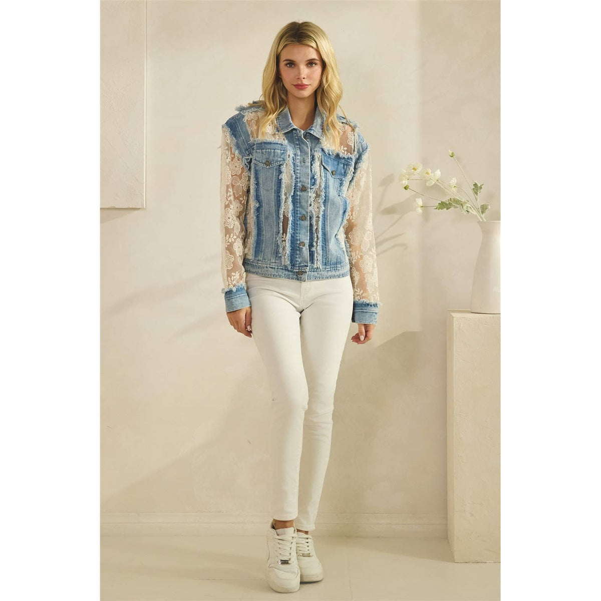 Denim Jacket with Floral Organza Inset: Med Wash