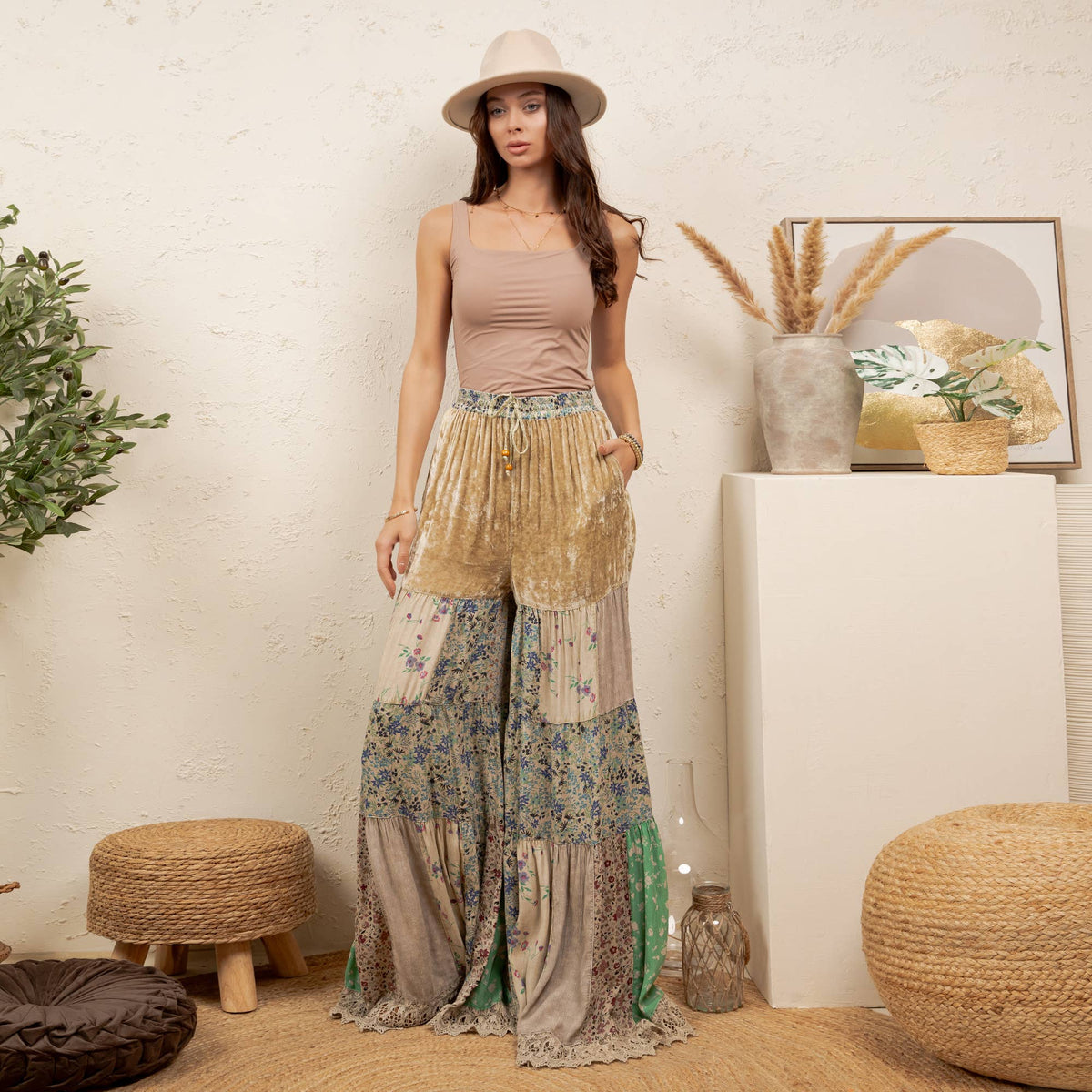 **Pre-Order: Will arrive August** Boho Tiered Patchwork Flare Pants Velvet Drawstring Waist