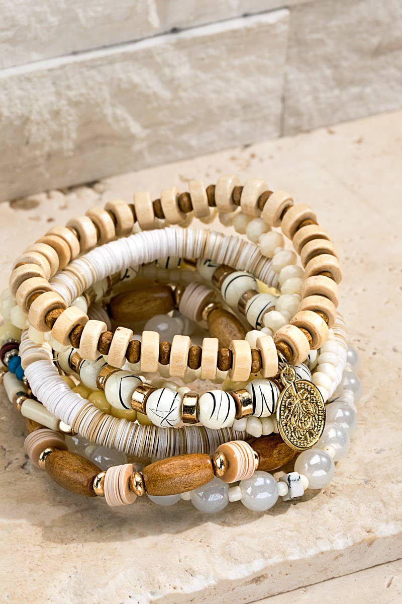 Layered Mixed Beads Stacked Bracelet Set in Ivory