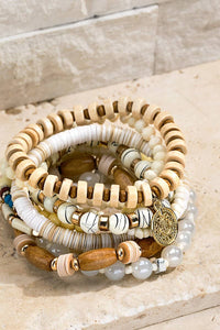 Layered Mixed Beads Stacked Bracelet Set in Ivory