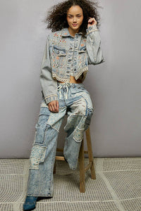 Floral Embroidery Lace Trim Denim Jacket: DENIM
