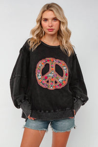 PLUS SUZE EMBROIDERED PEACE WASHED PULLOVER KNIT TOP: CHARCOAL