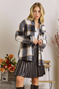 LONG SLEEVES BOYFRIEND FLANNEL JACKET : Navy