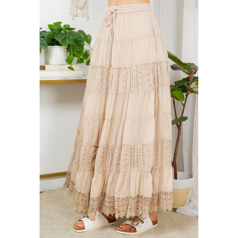 Creamy Beige Embroidered Gauze Maxi Skirt