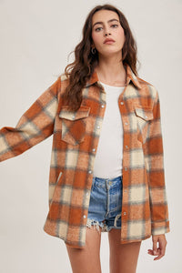 BUTTON DOWN FLANNEL SHACKET JACKET WITH POCKETS: PUMPKIN