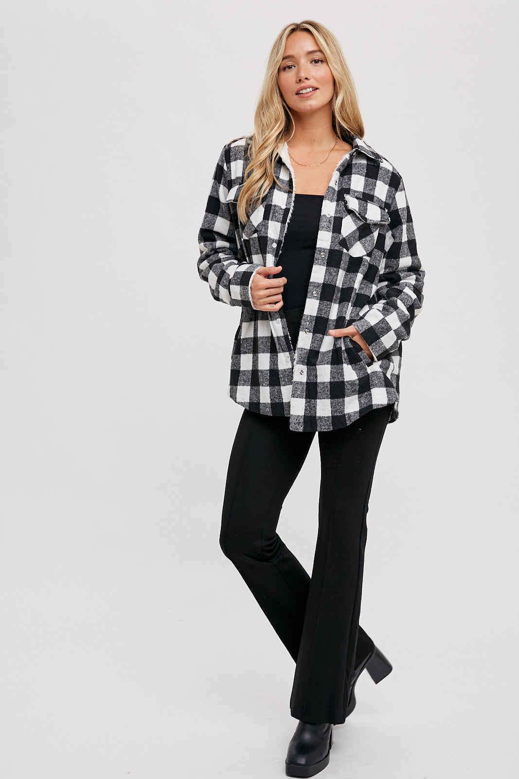 Buffalo Plaid Black and White flannel jacket with sherpa lining