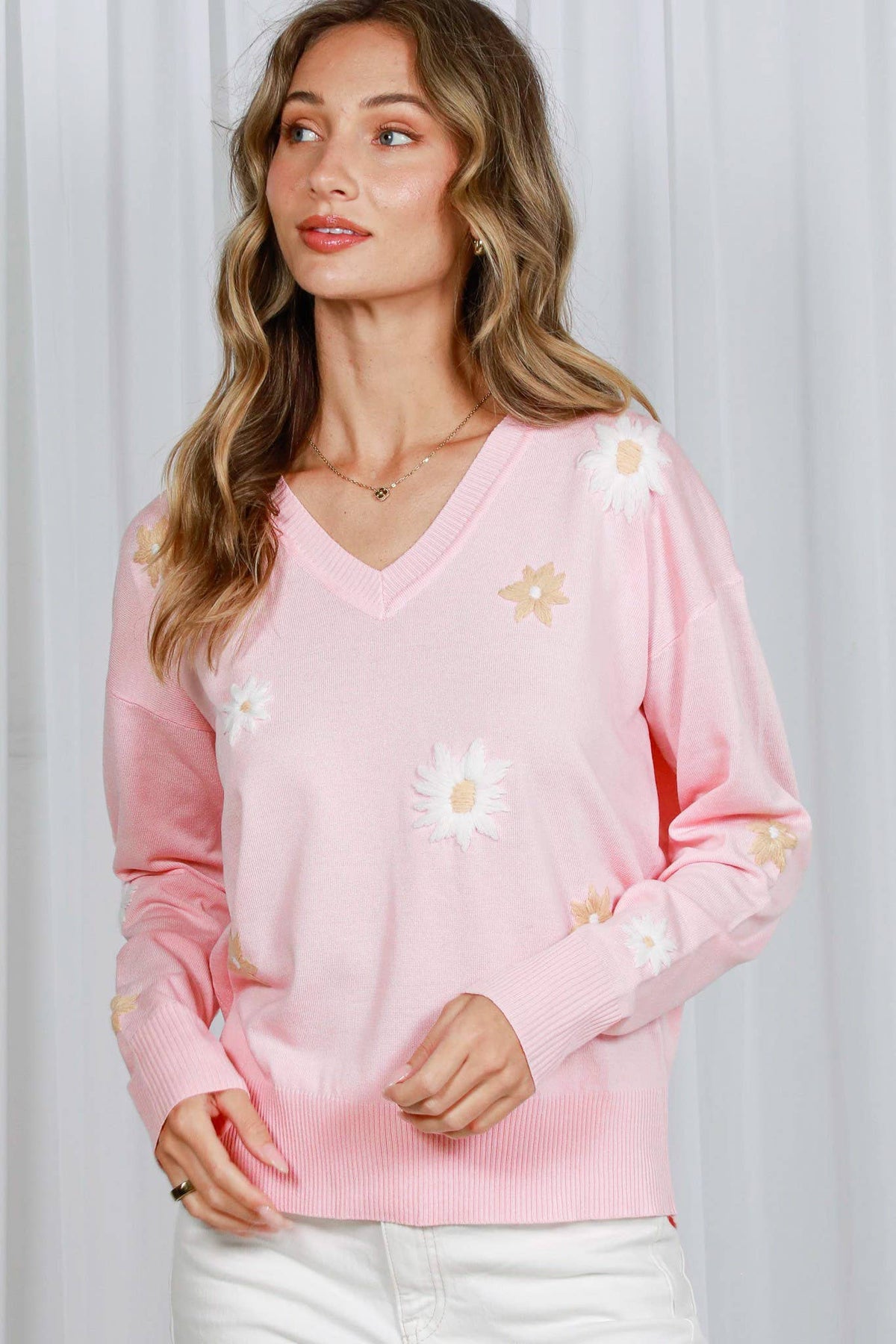 V-Neck Long-Sleeve Floral Embroidery Knitted Sweater Pink