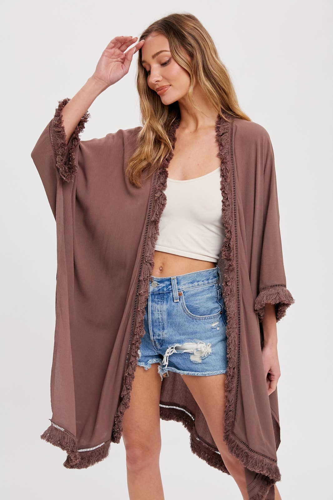 FRINGED KIMONO: MOCHA