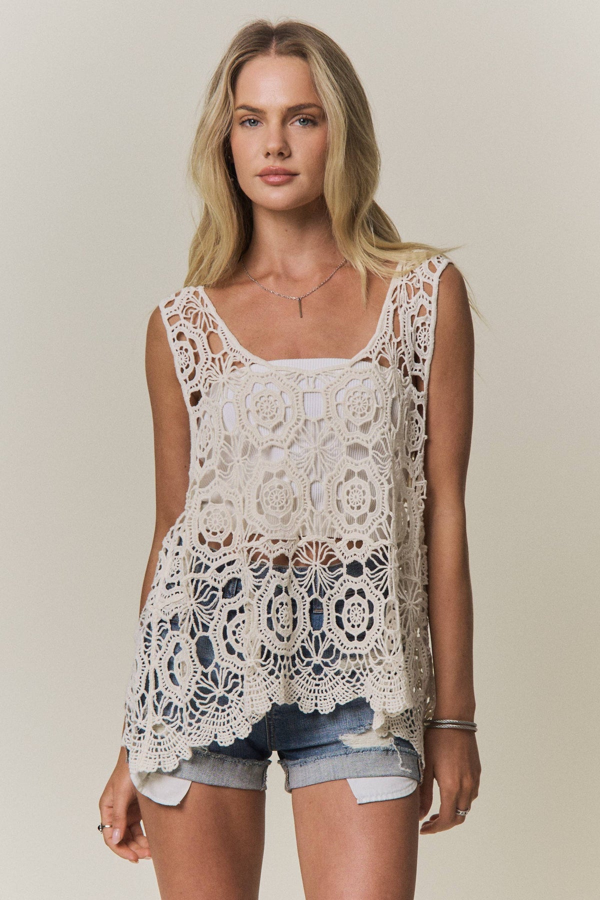 CASUAL CROCHET TANK TOP BLOUSE : Beige