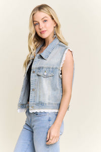 DENIM VEST WITH LACE TRIM : Denim