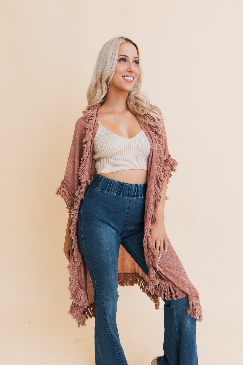 Boho Fringe Kimono in Rosewood