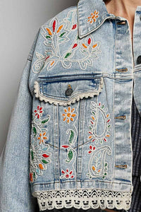 Floral Embroidery Lace Trim Denim Jacket: DENIM