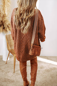 Cable Knit Drop Shoulder Loose Fit Sweater Dress: Coffee