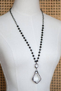 Long Beaded Chain Link Necklace, Glass Crystal Pendant