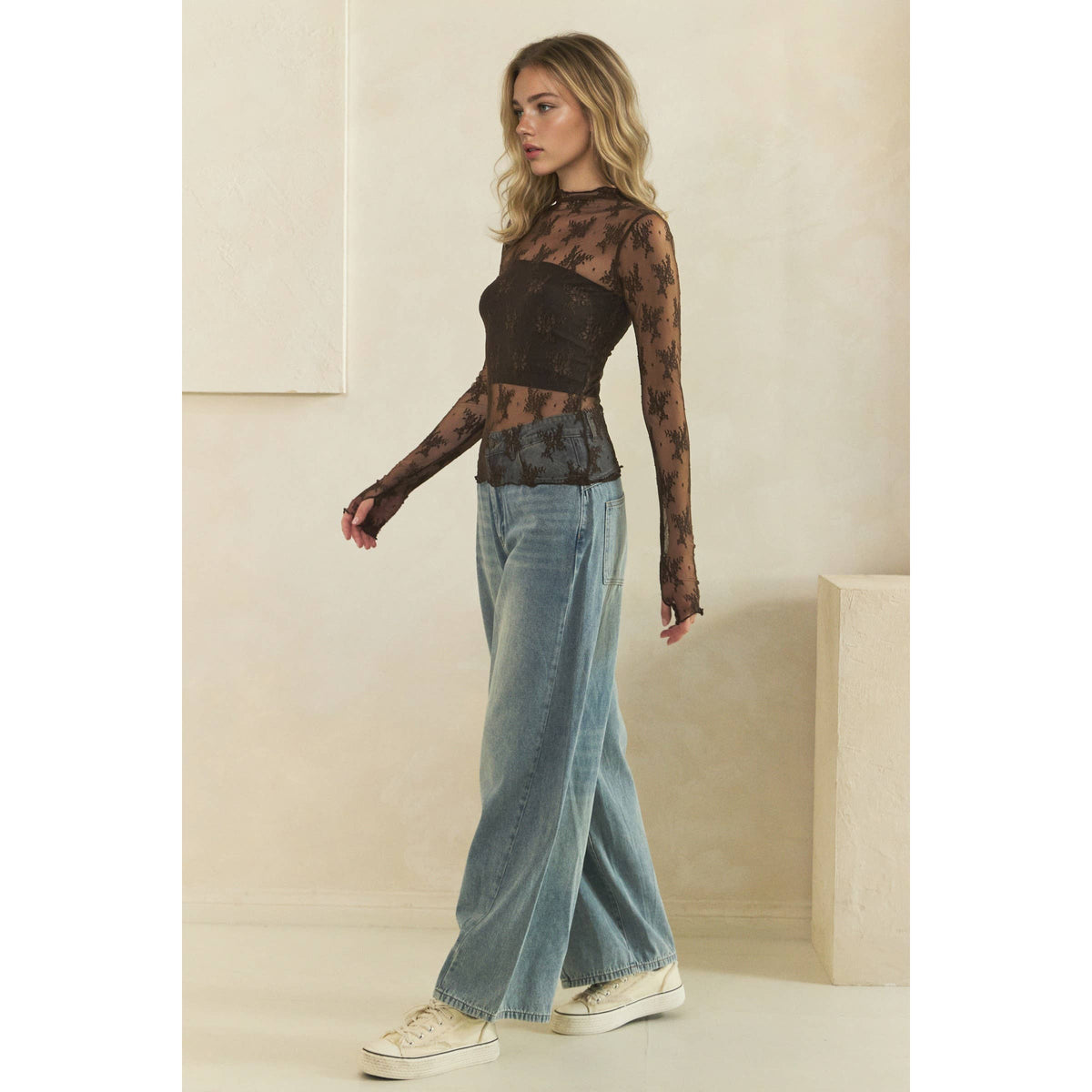 Lace Long Sleeve See Through Top: Brown