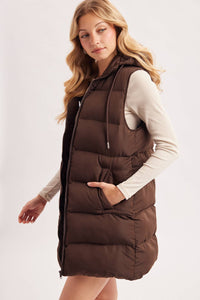 HOODED ZIPPER DOWN LONGLINE PUFFER VEST
