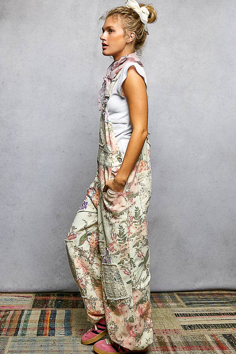 Printed Lace Patch Trim Strap Relaxed Fit Jogger Overall Romper Pants : CREAM FLORAL