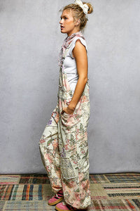Printed Lace Patch Trim Strap Relaxed Fit Jogger Overall Romper Pants : CREAM FLORAL
