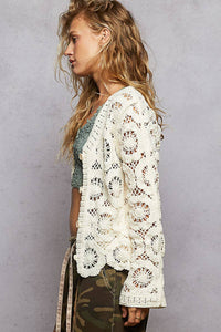 Open knitted button down crochet sweater cardigan: CREAM