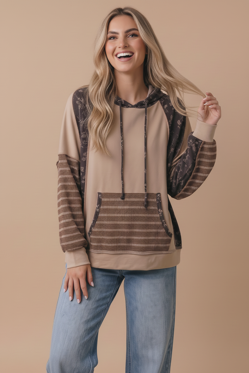 Long Sleeve Oversized Kangaroo Pocket Hoodie: MOCHA/BROWN