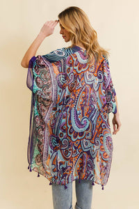 Paisley Print Open Front Kimono w/ Cinched Arms: Teal