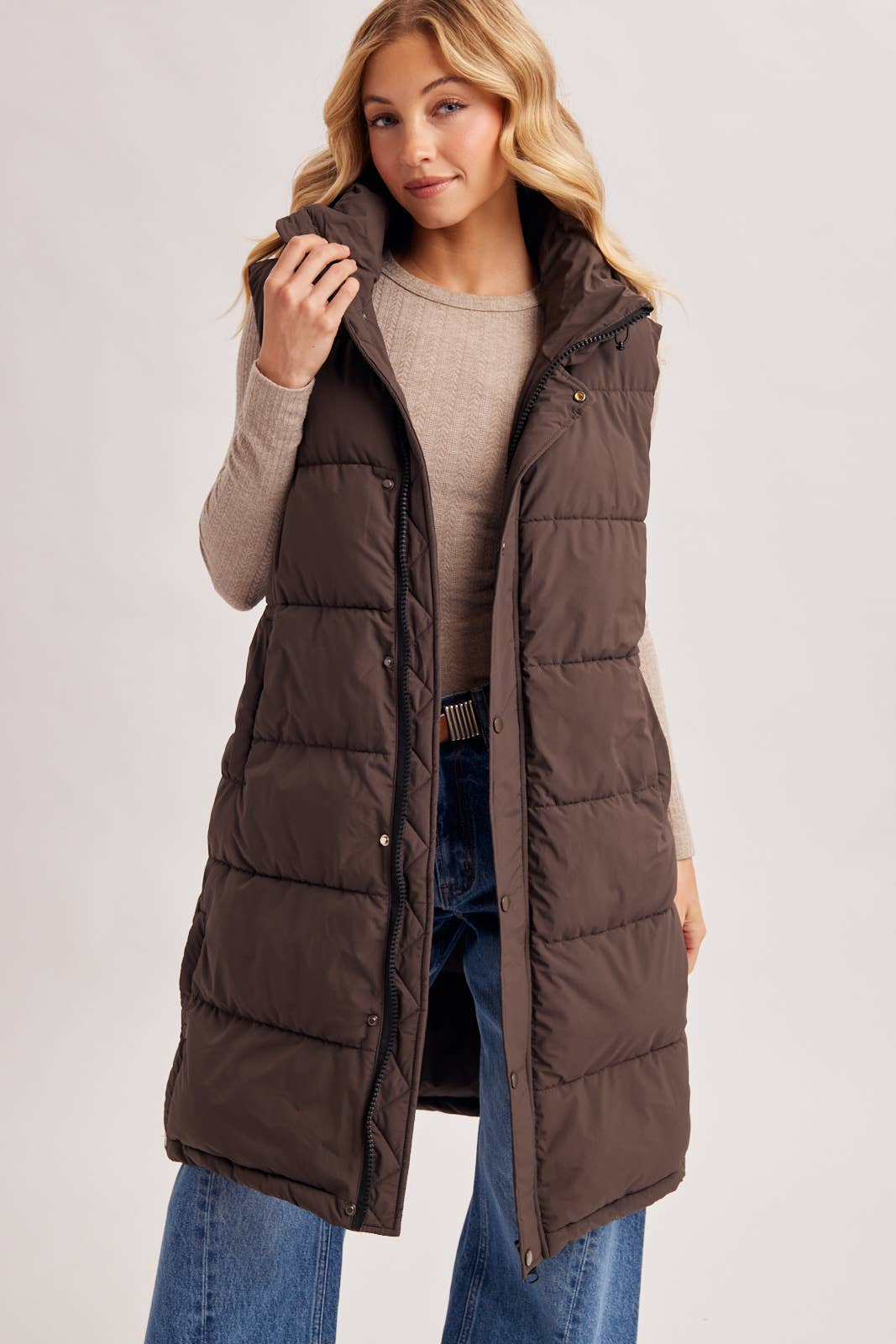 DETACHABLE HOOD ZIPPER LONGLINE QUILTED PUFFER VEST JACKET : ASH BROWN