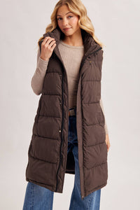DETACHABLE HOOD ZIPPER LONGLINE QUILTED PUFFER VEST JACKET : ASH BROWN