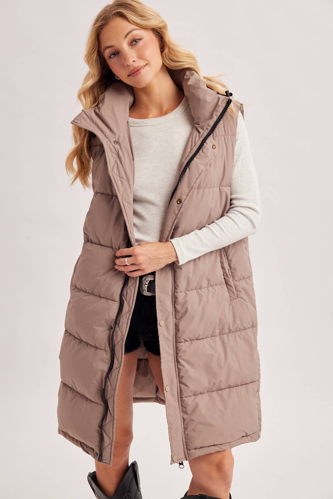 DETACHABLE HOOD ZIPPER LONGLINE QUILTED PUFFER VEST