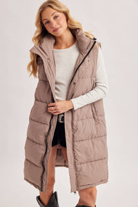DETACHABLE HOOD ZIPPER LONGLINE QUILTED PUFFER VEST