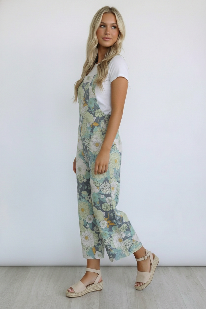 FLORAL PRINT LINEN OVERALL ROMPER WITH ELASTIC SHOULDER STRAPS: CHARCOAL/SAGE