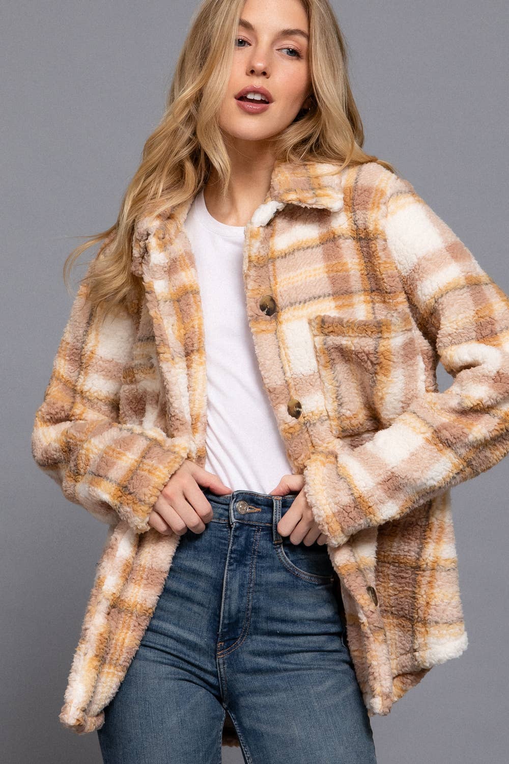 Long Sleeve Button Down Oversize Plaid Faux Fur Jacket