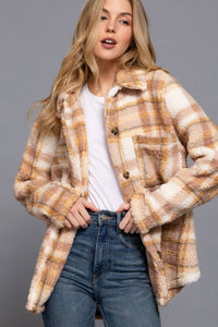 Long Sleeve Button Down Oversize Plaid Faux Fur Jacket