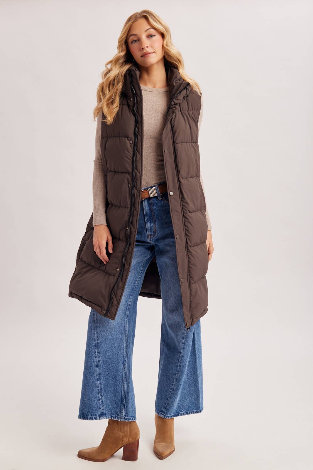 DETACHABLE HOOD ZIPPER LONGLINE QUILTED PUFFER VEST JACKET : ASH BROWN